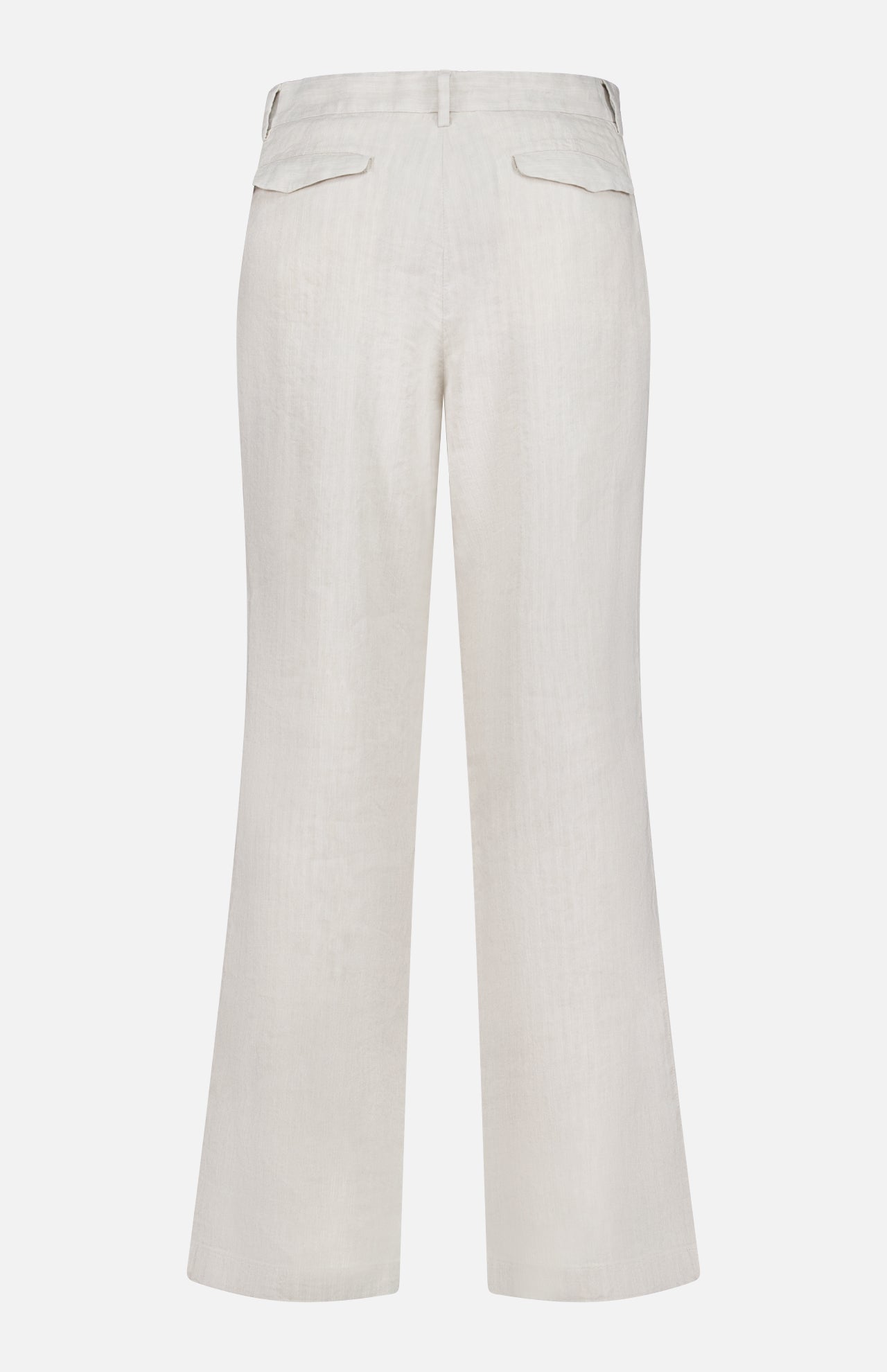 Back view of BARENA Delfo Lisca Herringbone Pants in light beige linen, featuring wide legs, two back flap pockets, belt loops, and a subtle herringbone weave for texture.