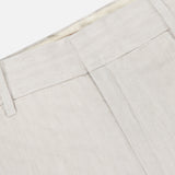 Close-up of the waistband and upper section of BARENA's Delfo Lisca Herringbone Pants in light beige, highlighting a belt loop, detailed waistband stitching, and the subtle herringbone weave texture.