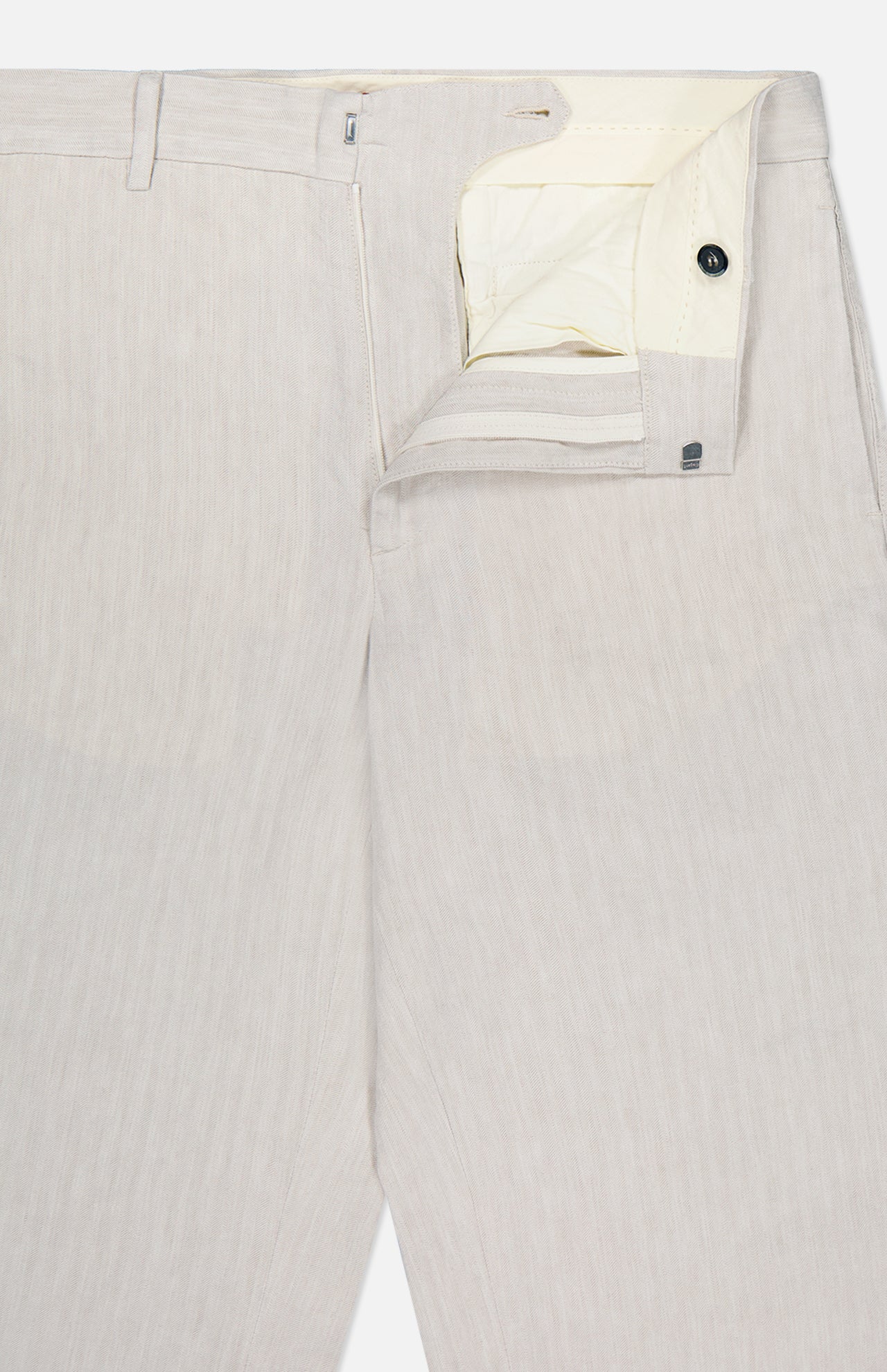 BARENA Delfo Lisca Herringbone Pants in light beige feature a subtle herringbone weave, with the waistband open to show the inside lining and a black button by the zipper. The pants are neatly displayed on a white background.