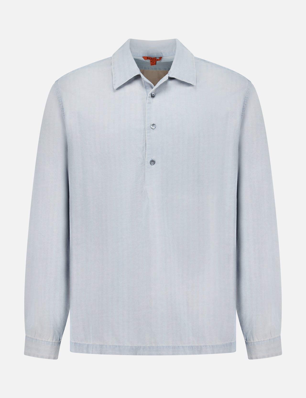 The Desmo Button Up Long Sleeve Shirt by BARENA is a light blue cotton shirt featuring a collar and three buttons down the front. Made in Italy, it has a plain design with no visible patterns or logos and is shown against a white background.