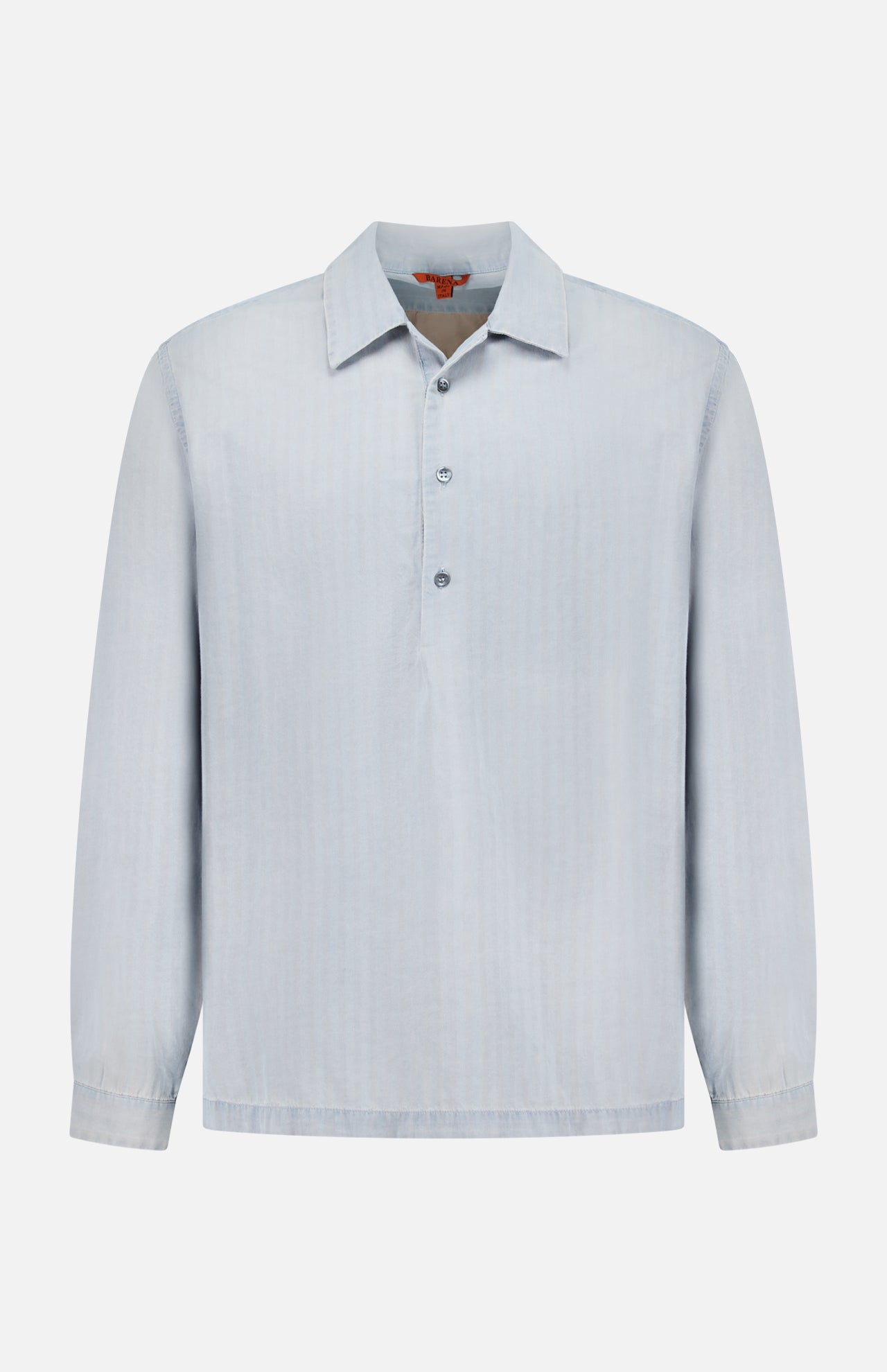 The Desmo Button Up Long Sleeve Shirt by BARENA is a light blue cotton shirt featuring a collar and three buttons down the front. Made in Italy, it has a plain design with no visible patterns or logos and is shown against a white background.