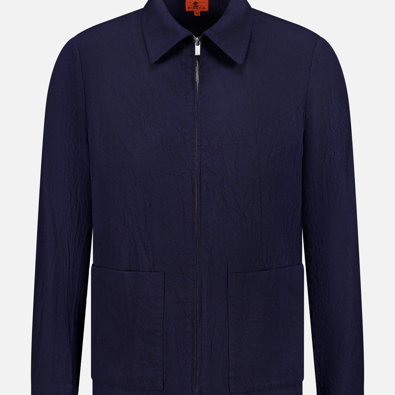 The Marafon Dandaro Overshirt by BARENA is a navy zip-up jacket with a classic collar, long sleeves, two front pockets, and subtle textured fabric. Inspired by Barena’s signature overshirt style and made in Italy, shown against a white background.