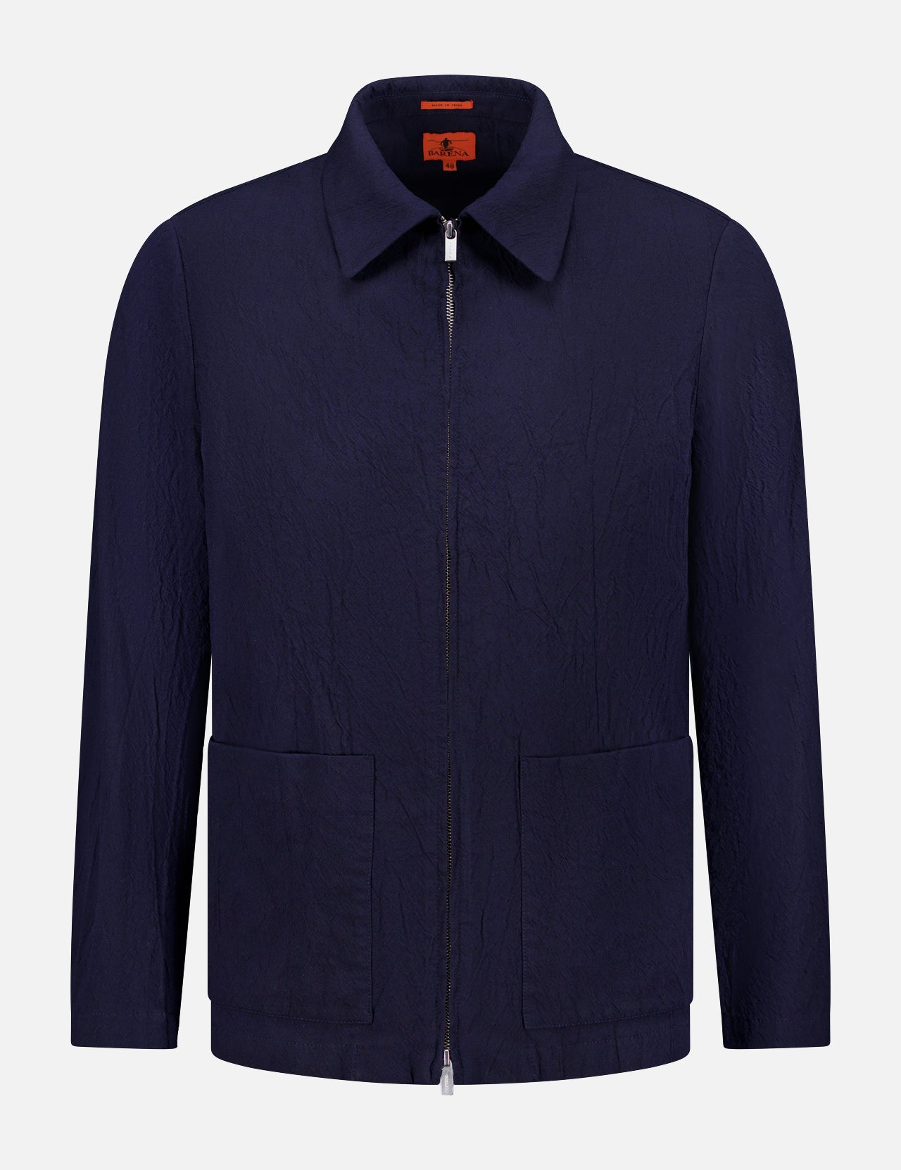 The Marafon Dandaro Overshirt by BARENA is a navy zip-up jacket with a classic collar, long sleeves, two front pockets, and subtle textured fabric. Inspired by Barena’s signature overshirt style and made in Italy, shown against a white background.