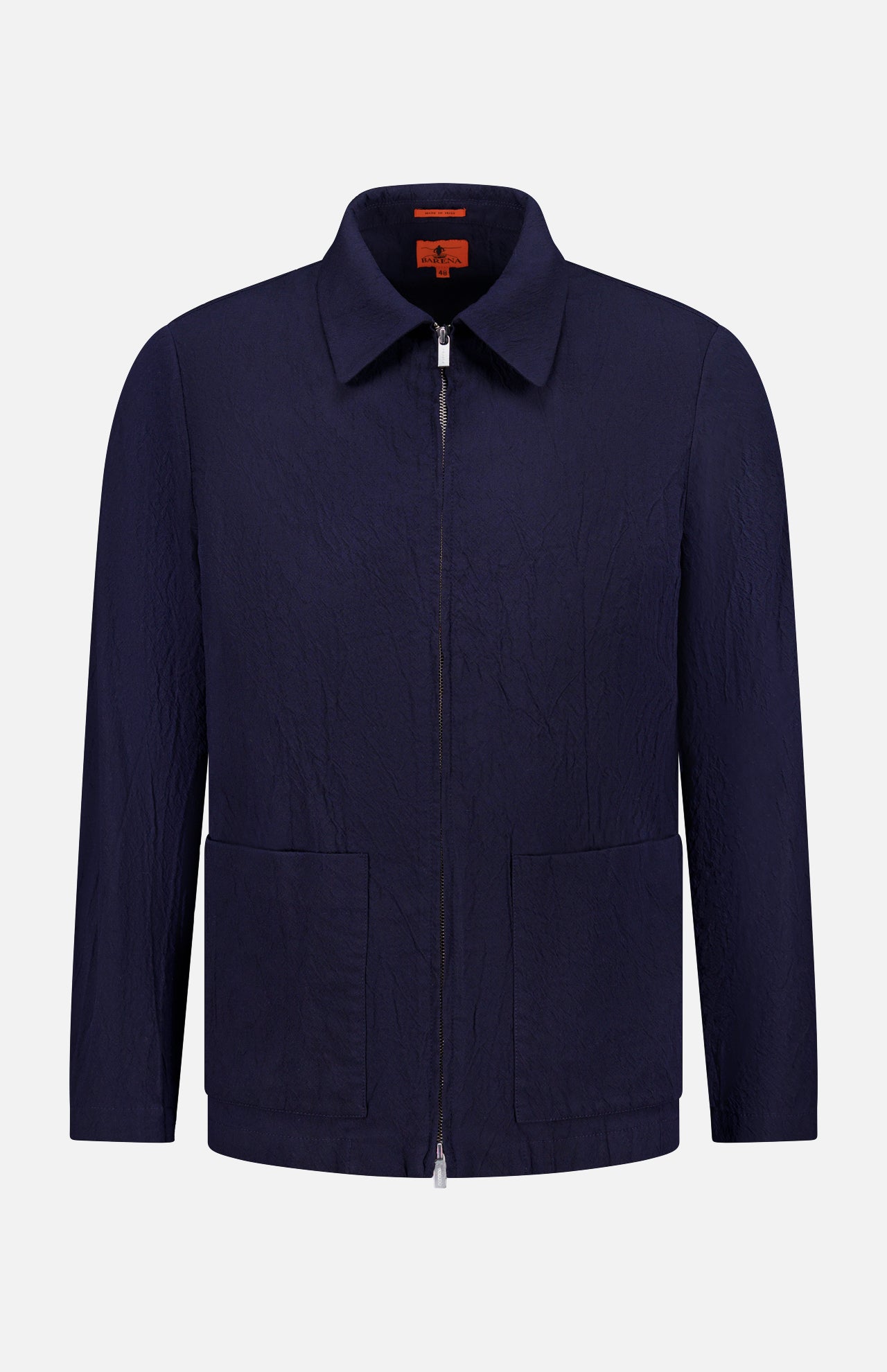 The Marafon Dandaro Overshirt by BARENA is a navy zip-up jacket with a classic collar, long sleeves, two front pockets, and subtle textured fabric. Inspired by Barena’s signature overshirt style and made in Italy, shown against a white background.