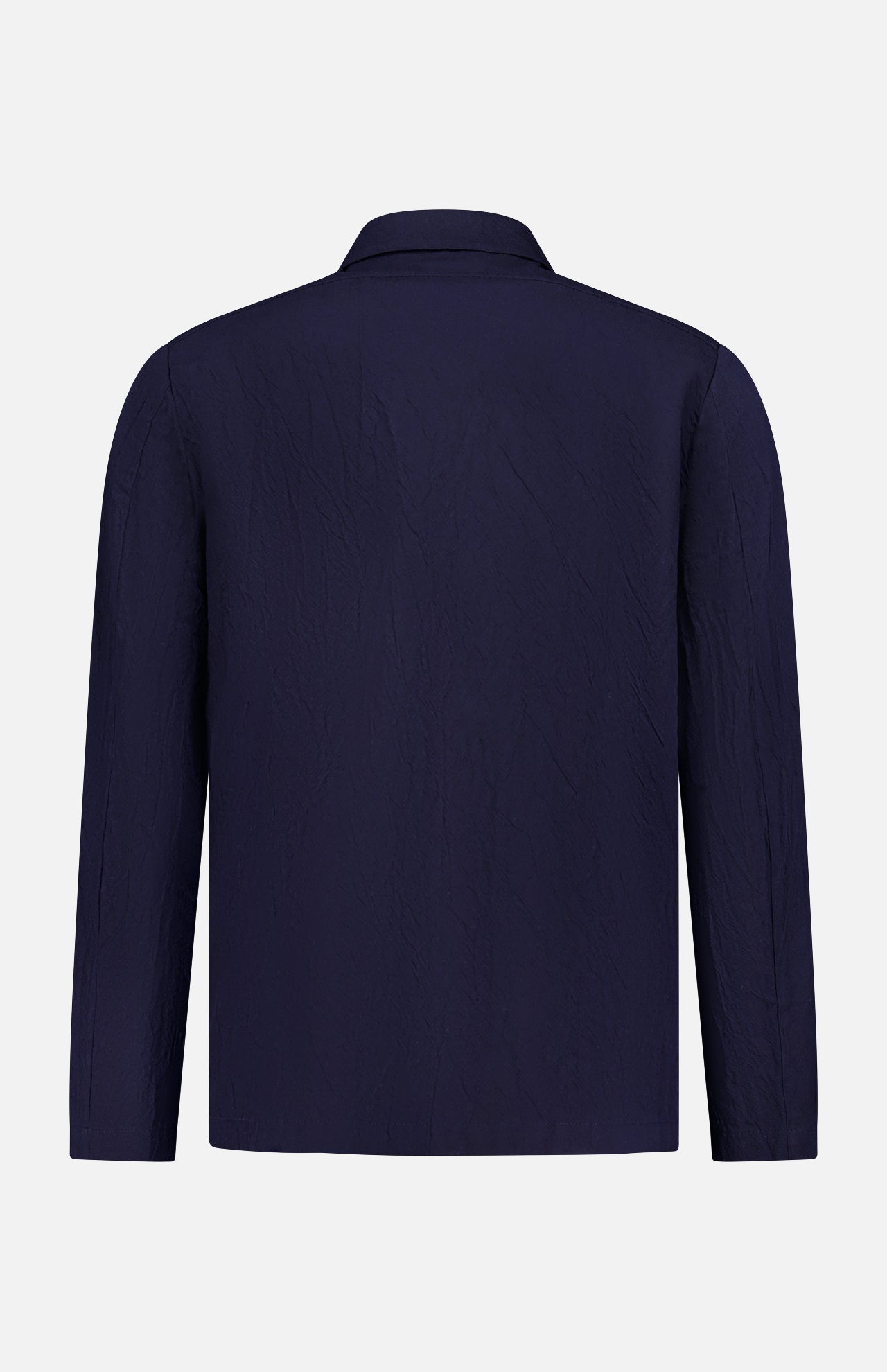 The Marafon Dandaro Overshirt by BARENA is shown from the back in navy blue, featuring long sleeves, a classic collar, and a subtle crinkled texture against a plain white background.
