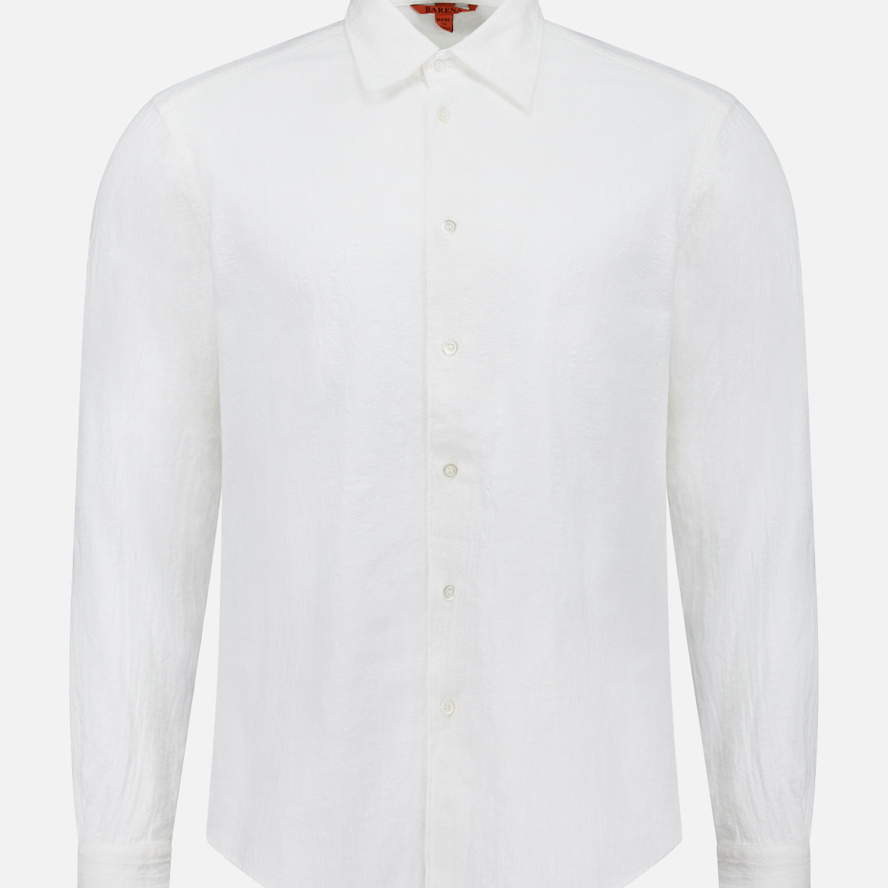 The Maridola Lanchin Long Sleeve Shirt by BARENA is a classic white premium cotton shirt with a button-up front and timeless collar, crafted in Italy and displayed on a crisp white background.
