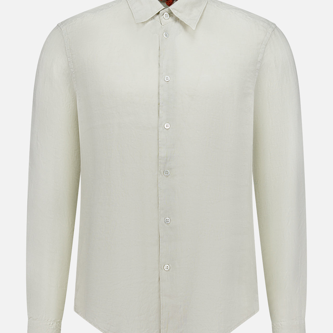 The Maridola Telino Long Sleeve Shirt by BARENA is a handmade, white linen shirt with a collar and visible front buttons. This lightweight, classic design is crafted in Italy and shown against a white background.
