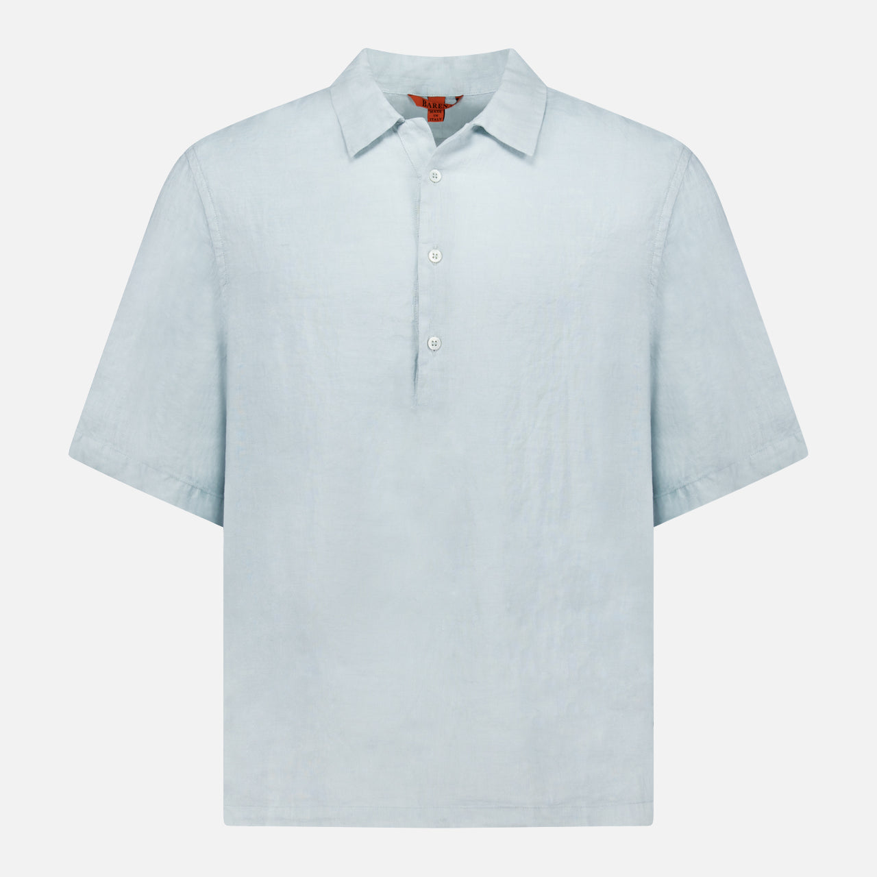 The BARENA Mola Telino Short Sleeve Shirt is a lightweight, textured light blue linen shirt with a collar and three white buttons on a partial placket, shown against a plain white background.