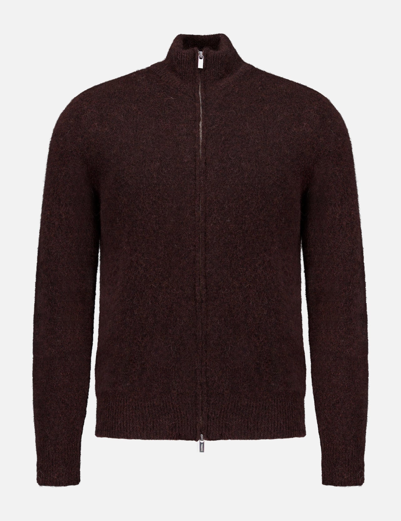 The Narci Zipped Up Sweater by BARENA is a sophisticated dark brown knit cardigan featuring a high collar, zip front, and long sleeves. Crafted from soft, textured alpaca fabric, this sweater boasts a simple, understated design and is photographed against a white background.