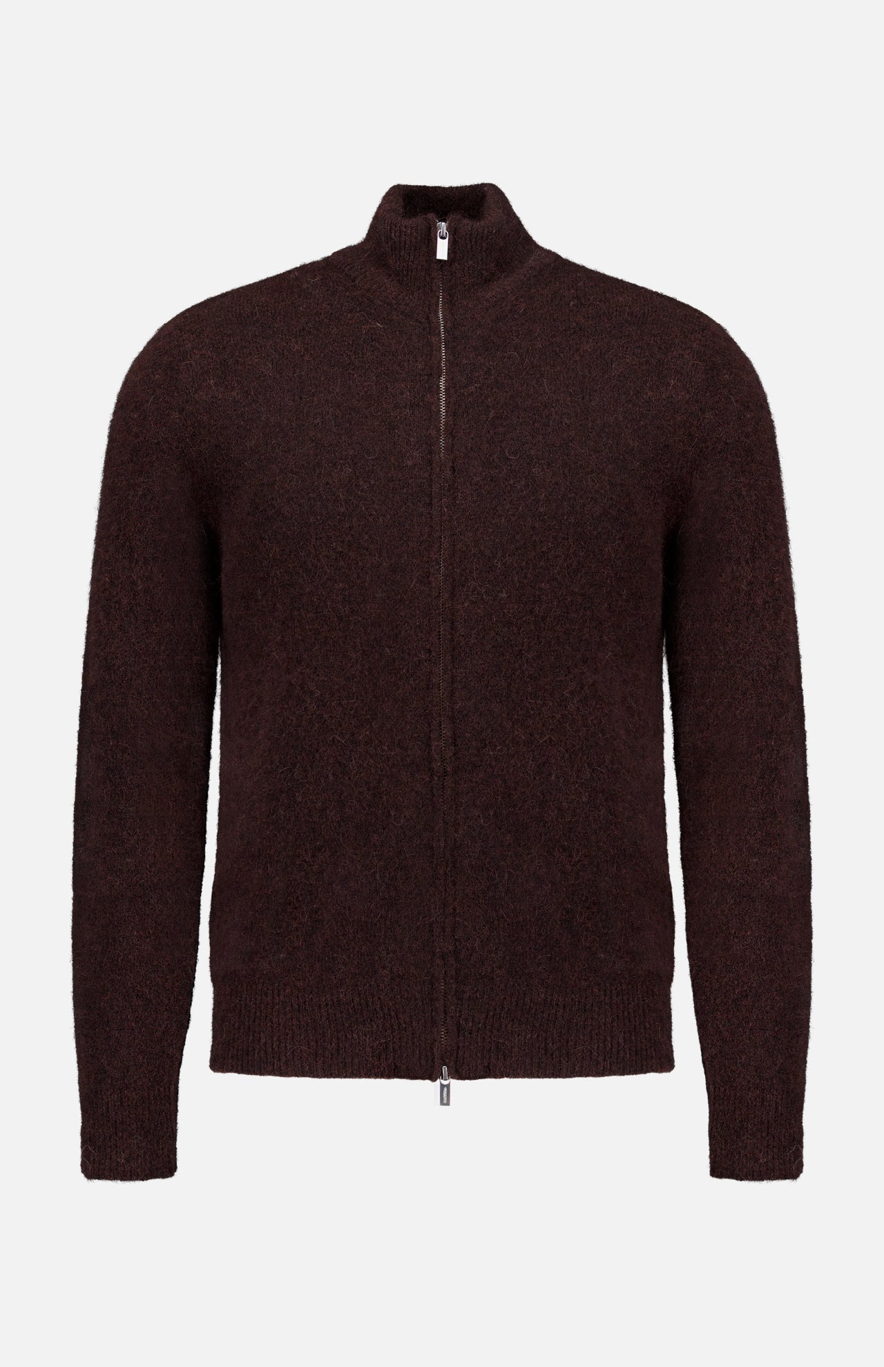 The Narci Zipped Up Sweater by BARENA is a sophisticated dark brown knit cardigan featuring a high collar, zip front, and long sleeves. Crafted from soft, textured alpaca fabric, this sweater boasts a simple, understated design and is photographed against a white background.
