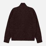 The BARENA Narci Zipped Up Sweater—a dark brown, long-sleeve crewneck made from alpaca and crafted in Italy—is laid flat with the back facing up on a white background.