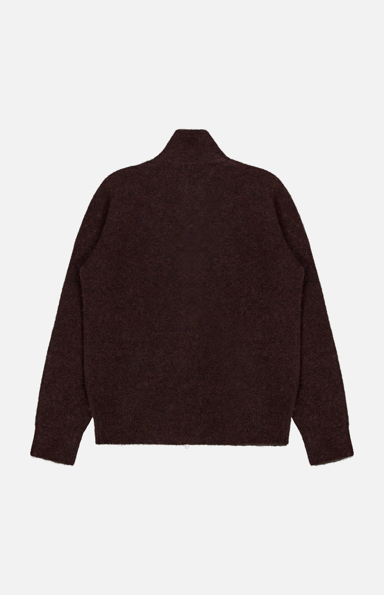 The BARENA Narci Zipped Up Sweater—a dark brown, long-sleeve crewneck made from alpaca and crafted in Italy—is laid flat with the back facing up on a white background.