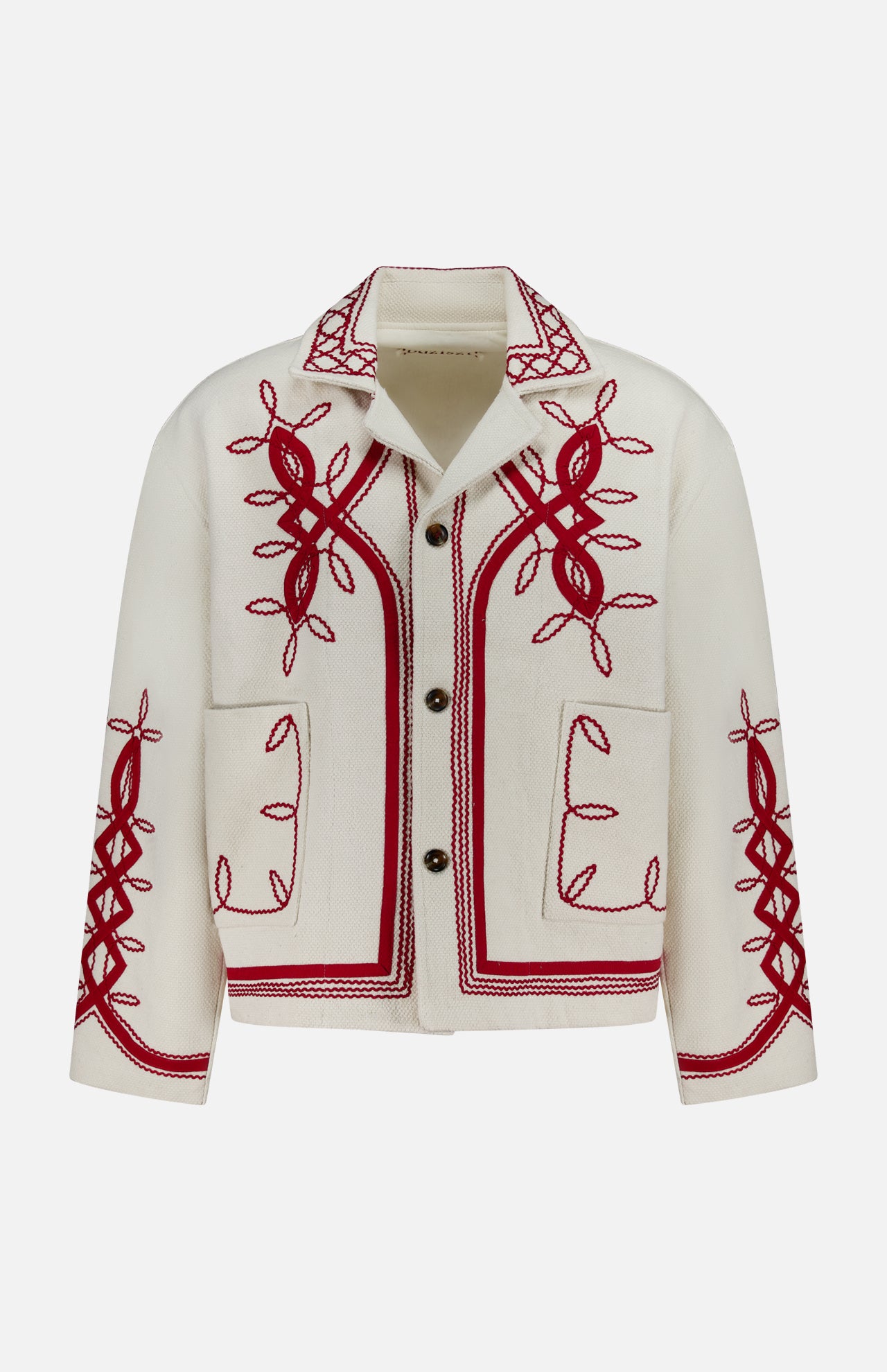 The Baya Embroidered Overshirt by Baziszt features red embroidery on the front, sleeves, collar, and pockets, with a button-down front and two large pockets for a vintage-inspired look.