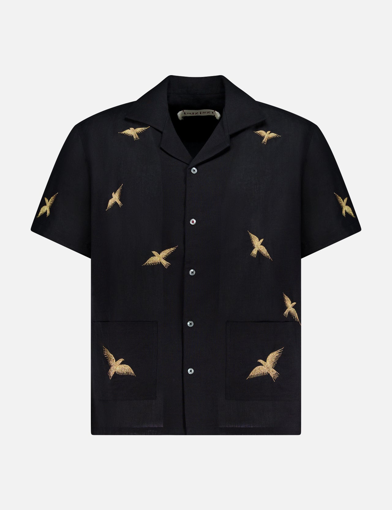 The Baziszt Columbus Short Sleeve Shirt is a black cotton-blend with gold embroidered birds on the front and pockets, shown on a light gray background.