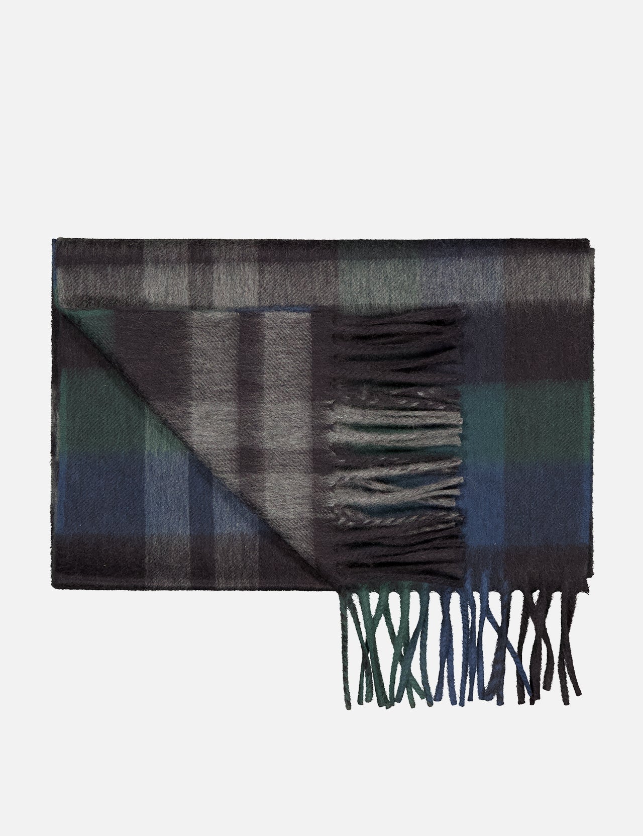 The BEGG & CO Arran Ferguson Scarf is a unisex, folded plaid scarf in black, gray, green, and blue with fringed edges on one side—perfect for adding timeless style to any outfit.