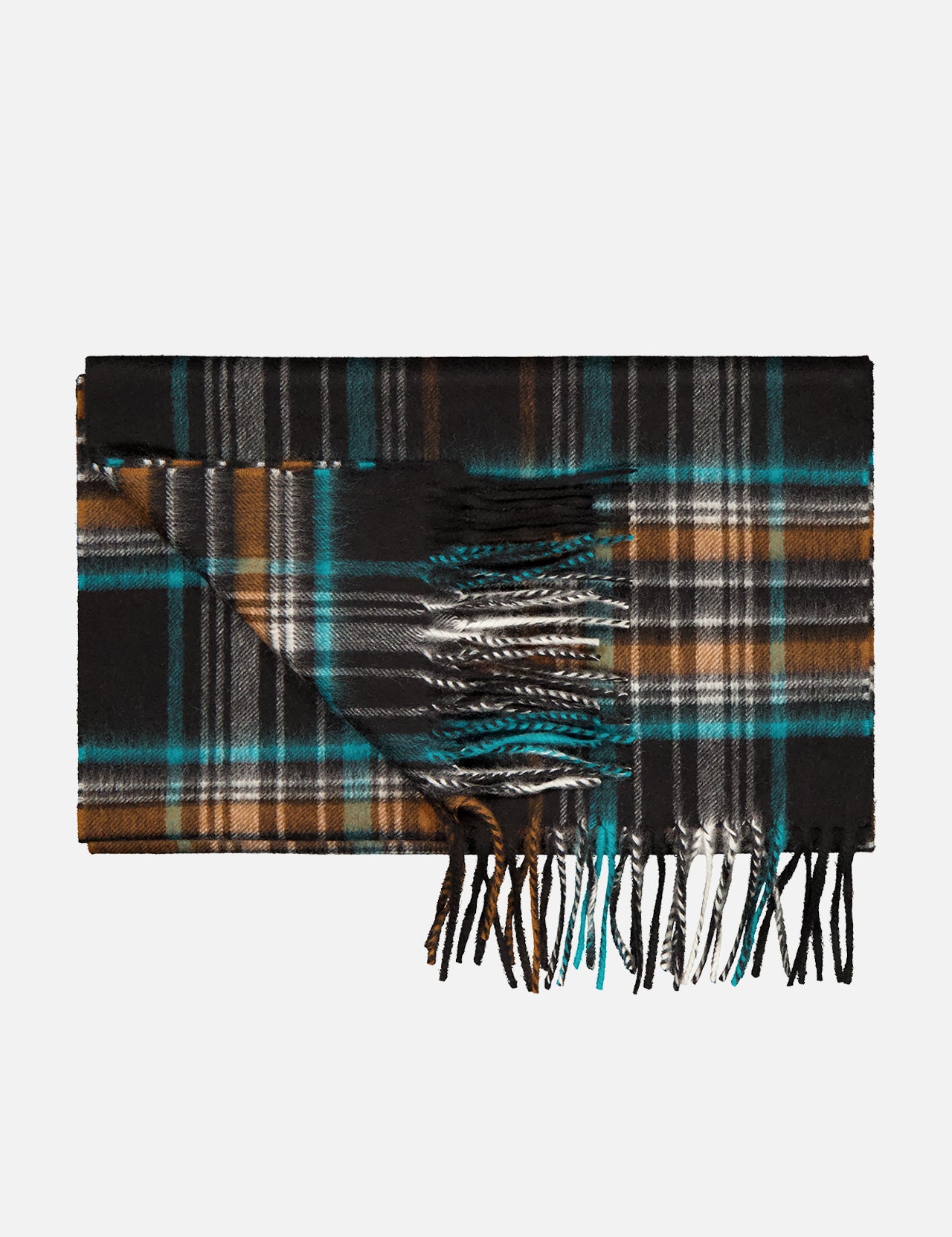The BEGG & CO Arran Serfaus Scarf is a folded unisex accessory with fringed ends, showcasing black, brown, blue, and white stripes on gray—crafted in Scotland for timeless style.