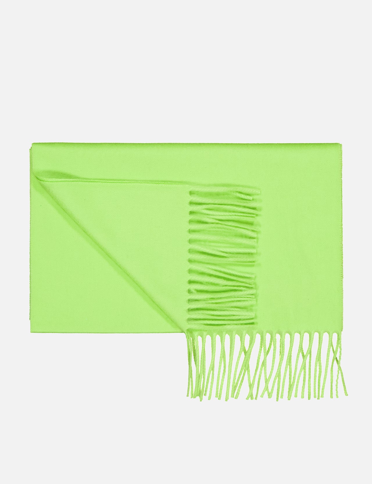 The Arran Solid Scarf by BEGG & CO is shown neatly folded in neon green with fringe tassels on one end—a stylish unisex accessory ideal for adding a bold pop of color to any outfit.