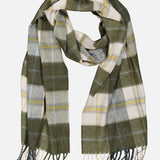 The Arran Bennet Plaid Scarf by BEGG & CO is a wool accessory with a green, white, and yellow plaid pattern and fringed ends, shown laid flat on a white background—a timeless plaid piece for any wardrobe.