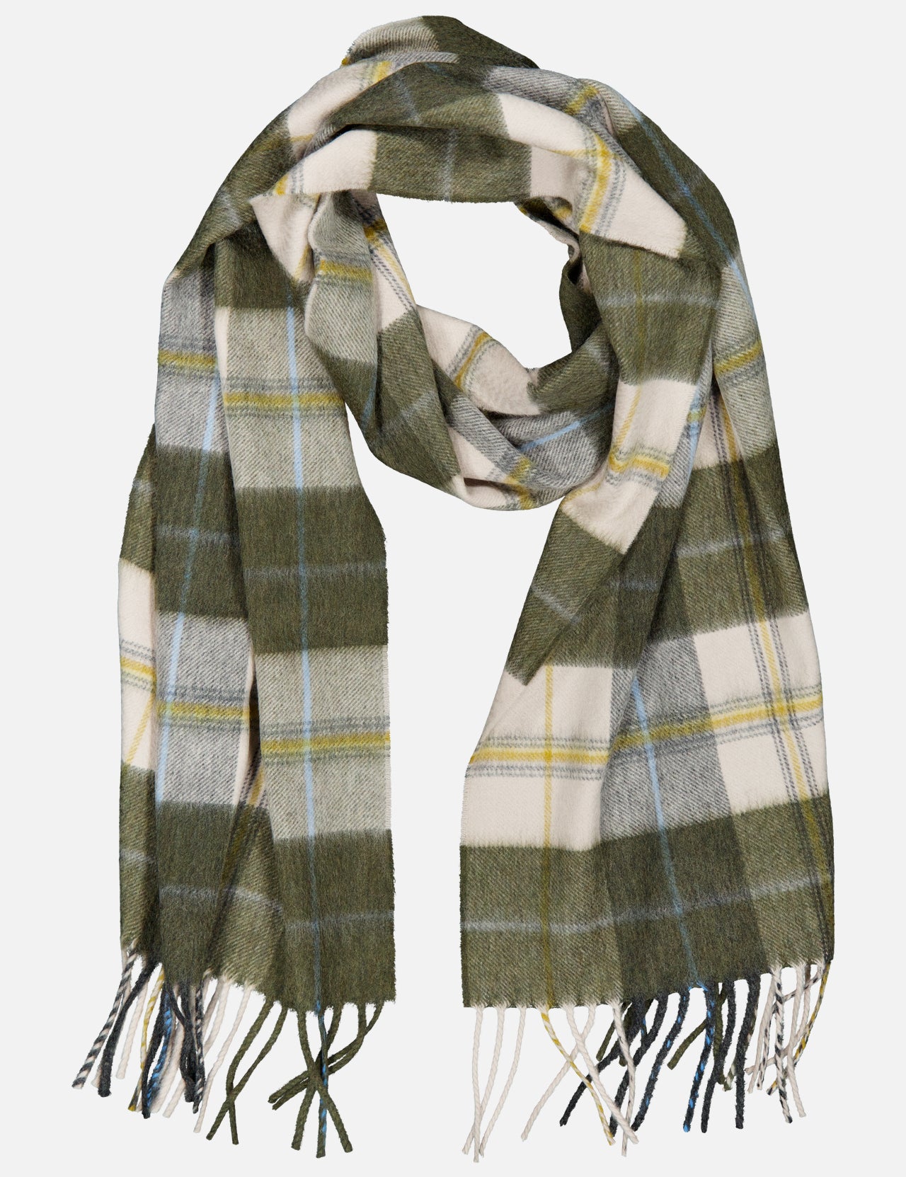 The Arran Bennet Plaid Scarf by BEGG & CO is a wool accessory with a green, white, and yellow plaid pattern and fringed ends, shown laid flat on a white background—a timeless plaid piece for any wardrobe.