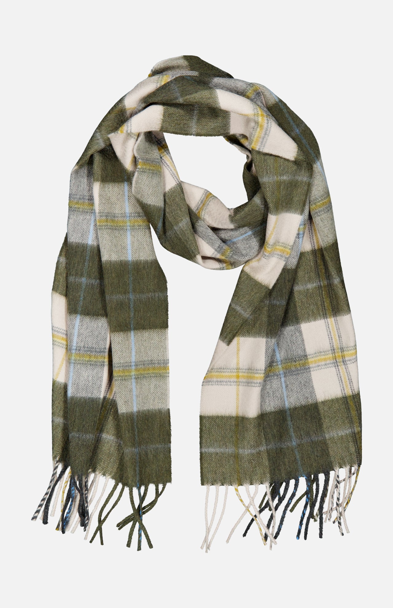 The Arran Bennet Plaid Scarf by BEGG & CO is a wool accessory with a green, white, and yellow plaid pattern and fringed ends, shown laid flat on a white background—a timeless plaid piece for any wardrobe.