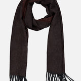 An Arran Reversible Scarf by BEGG & CO, crafted in Scotland from dark brown cashmere with fringe on both ends, is laid flat on a white background.