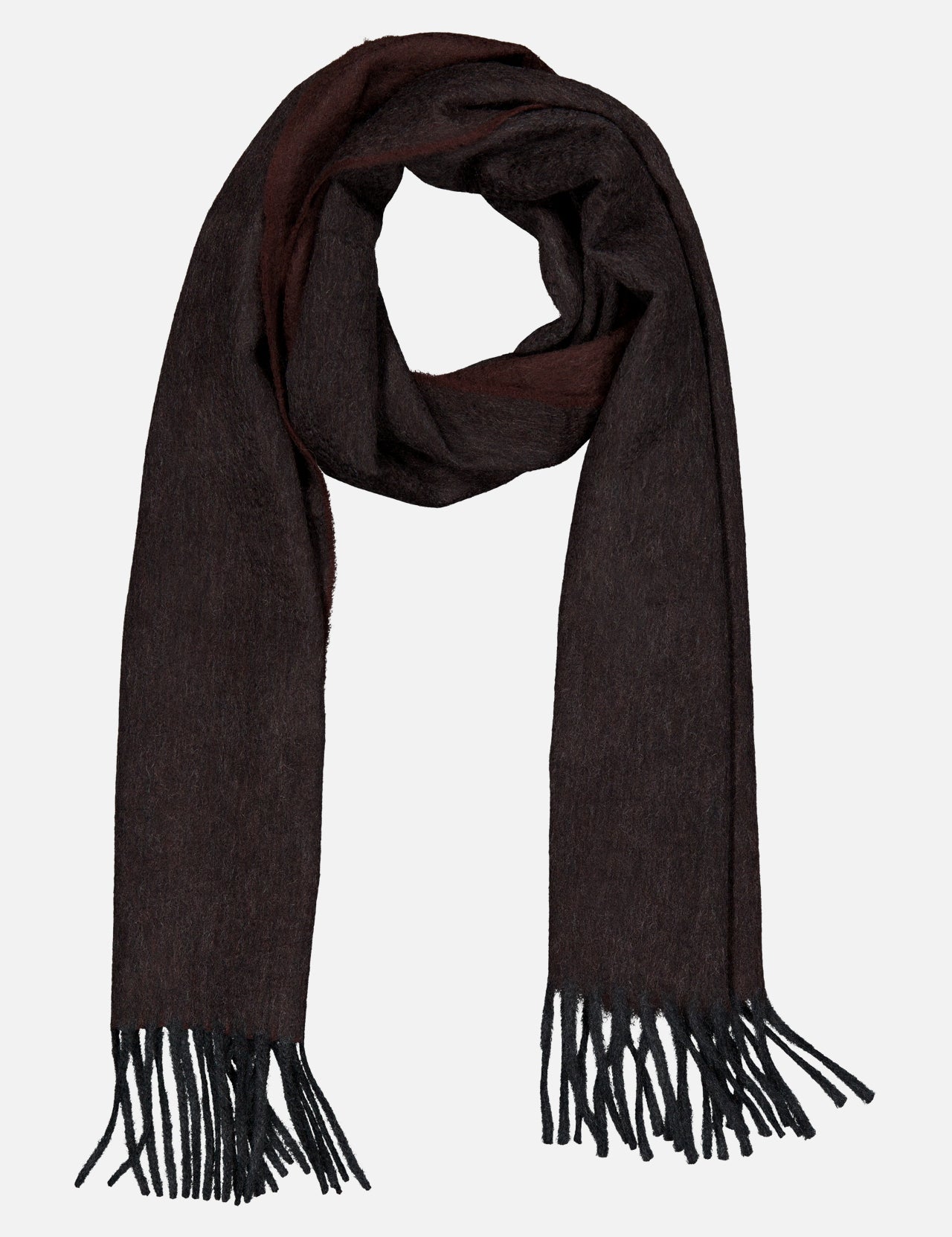 An Arran Reversible Scarf by BEGG & CO, crafted in Scotland from dark brown cashmere with fringe on both ends, is laid flat on a white background.
