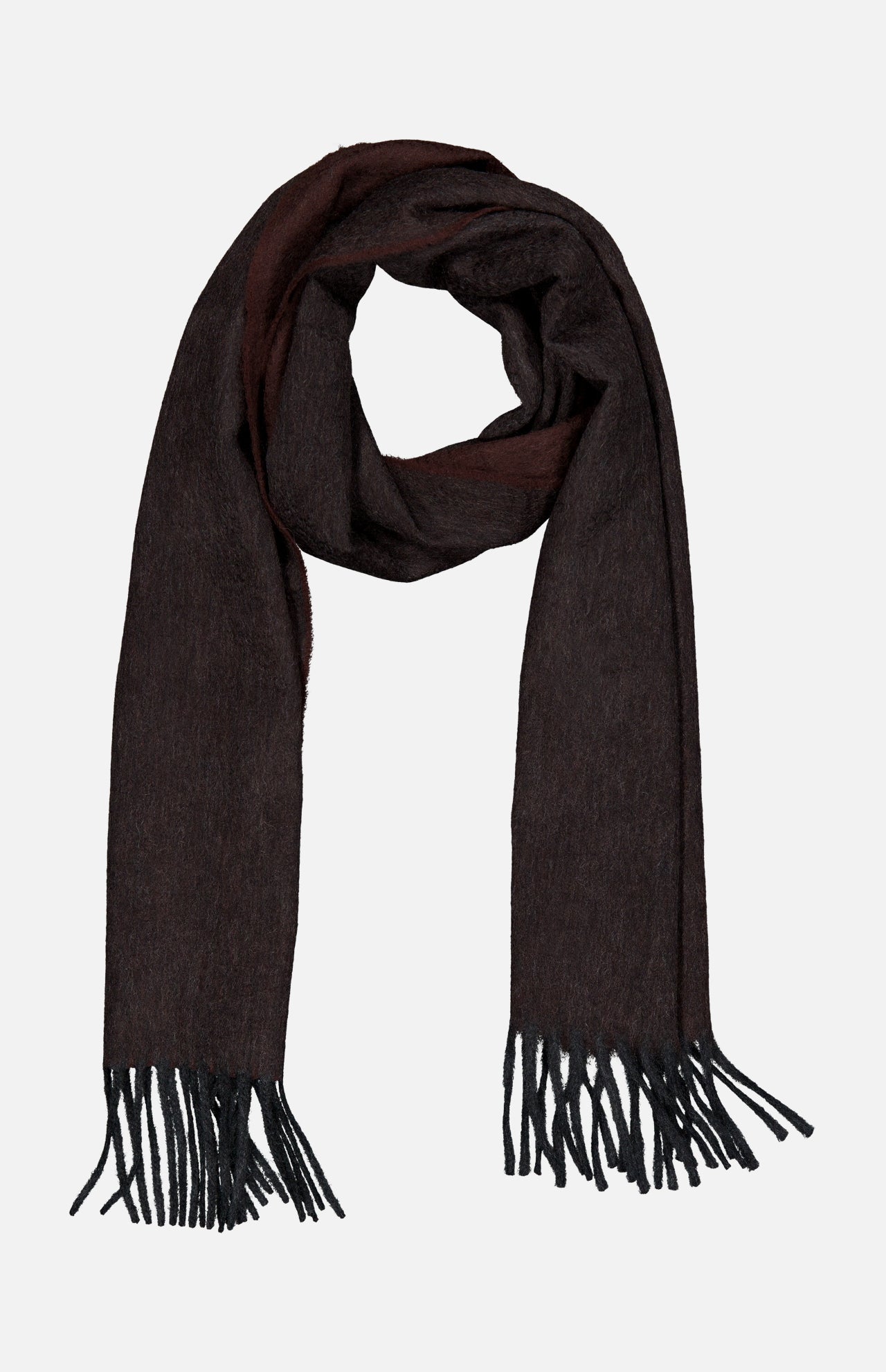 An Arran Reversible Scarf by BEGG & CO, crafted in Scotland from dark brown cashmere with fringe on both ends, is laid flat on a white background.