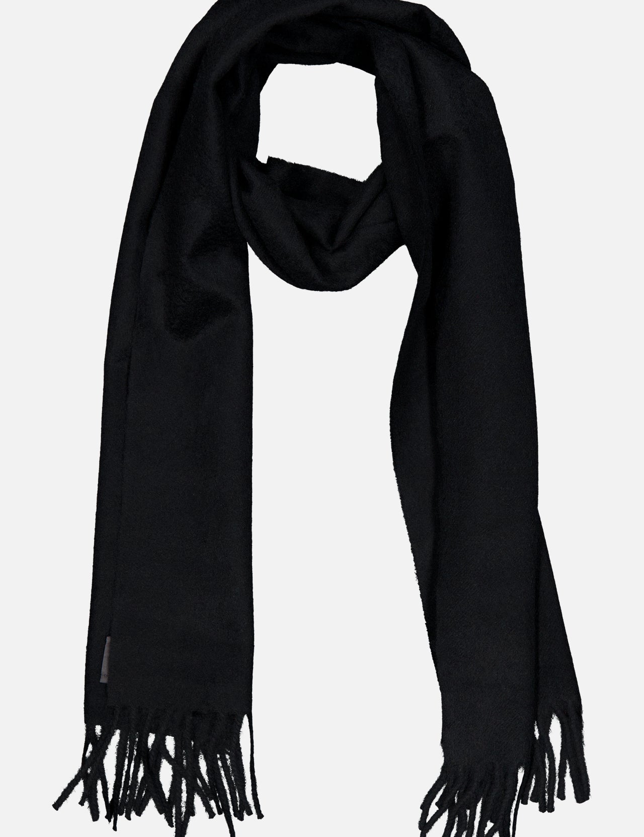 The BEGG & CO Arran Solid Scarf, a luxurious black cashmere accessory with fringed ends, made in Scotland, is laid flat on a white background.
