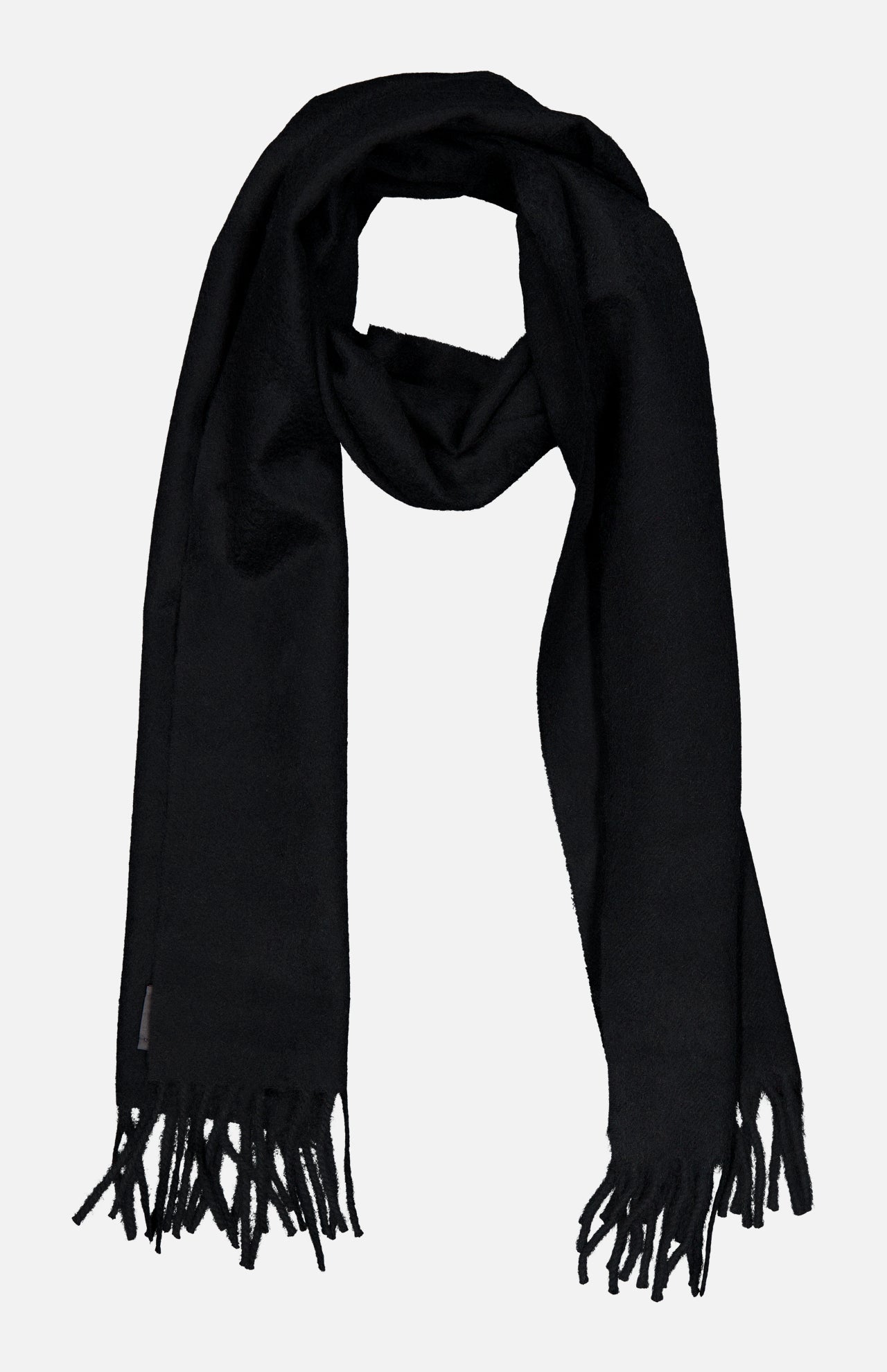 The BEGG & CO Arran Solid Scarf, a luxurious black cashmere accessory with fringed ends, made in Scotland, is laid flat on a white background.