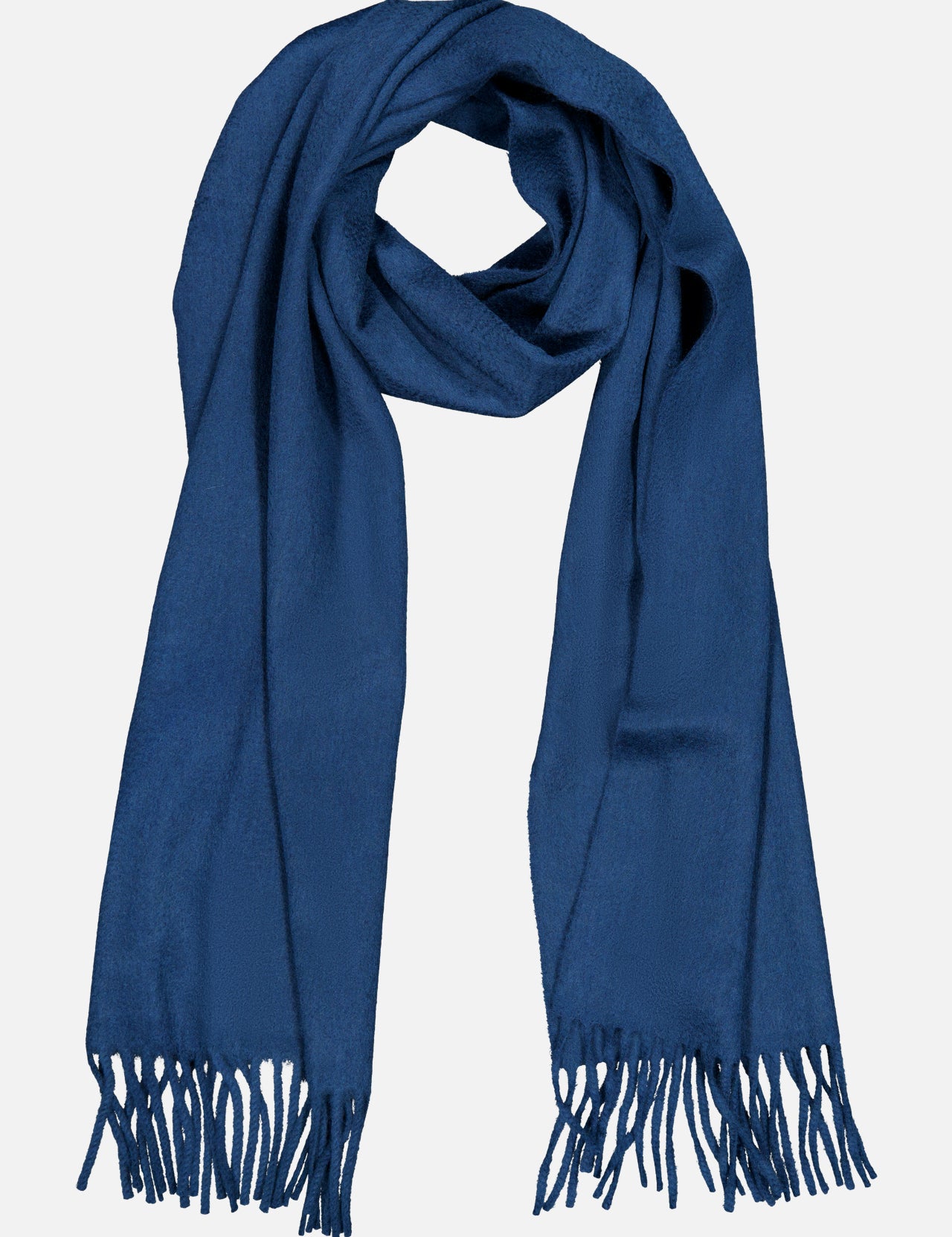 The BEGG & CO Arran Solid Scarf, a long blue cashmere accessory with fringed ends crafted in Scotland, is shown laid flat in a loop shape against a white background.