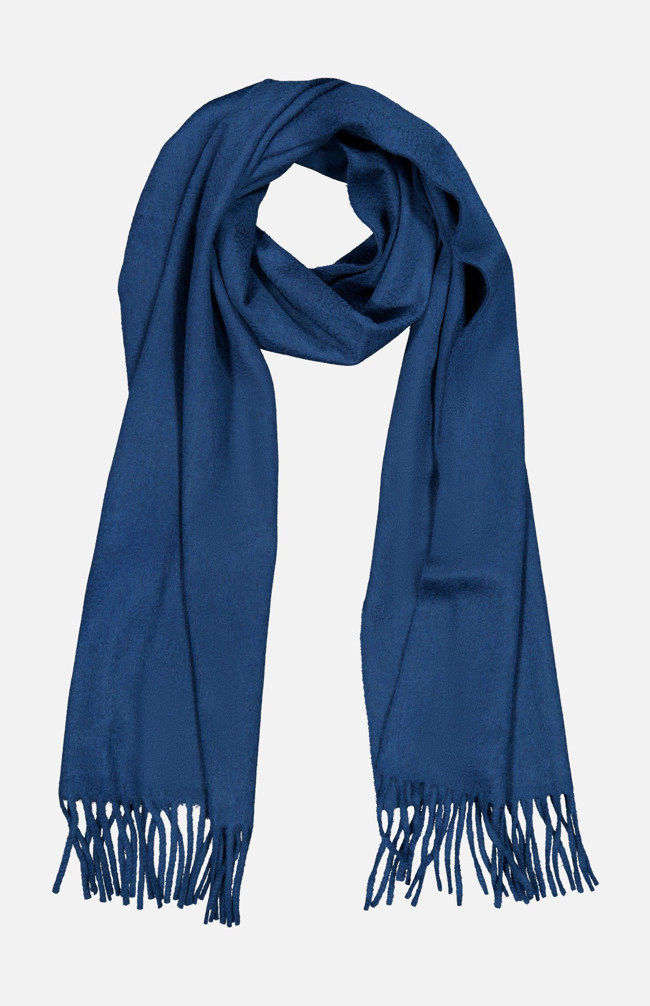 The BEGG & CO Arran Solid Scarf, a long blue cashmere accessory with fringed ends crafted in Scotland, is shown laid flat in a loop shape against a white background.