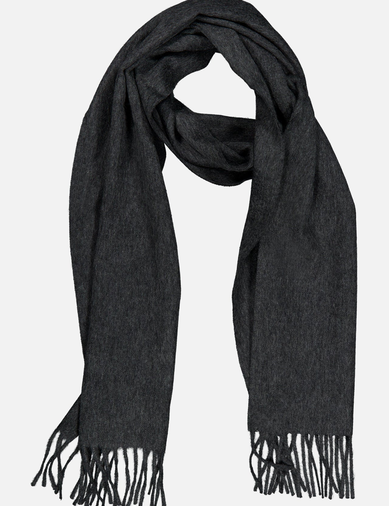 BEGG & CO Arran Solid Scarf in dark grey cashmere, crafted in Scotland with soft fabric and finished with fringed ends. Displayed flat on a light background, the scarf is loosely folded to highlight its luxurious texture and generous length.