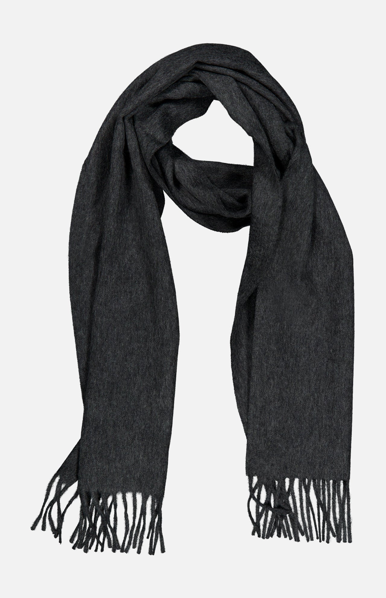 BEGG & CO Arran Solid Scarf in dark grey cashmere, crafted in Scotland with soft fabric and finished with fringed ends. Displayed flat on a light background, the scarf is loosely folded to highlight its luxurious texture and generous length.