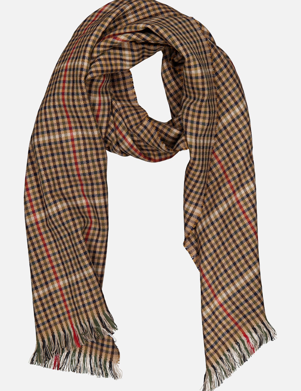 The Washed Kildonan Bryce Scarf by BEGG & CO is crafted in Scotland from soft wool and features a classic checkered pattern in brown, black, and tan with bold red stripes. Fringed ends complete the design, and the scarf is displayed against a white background.