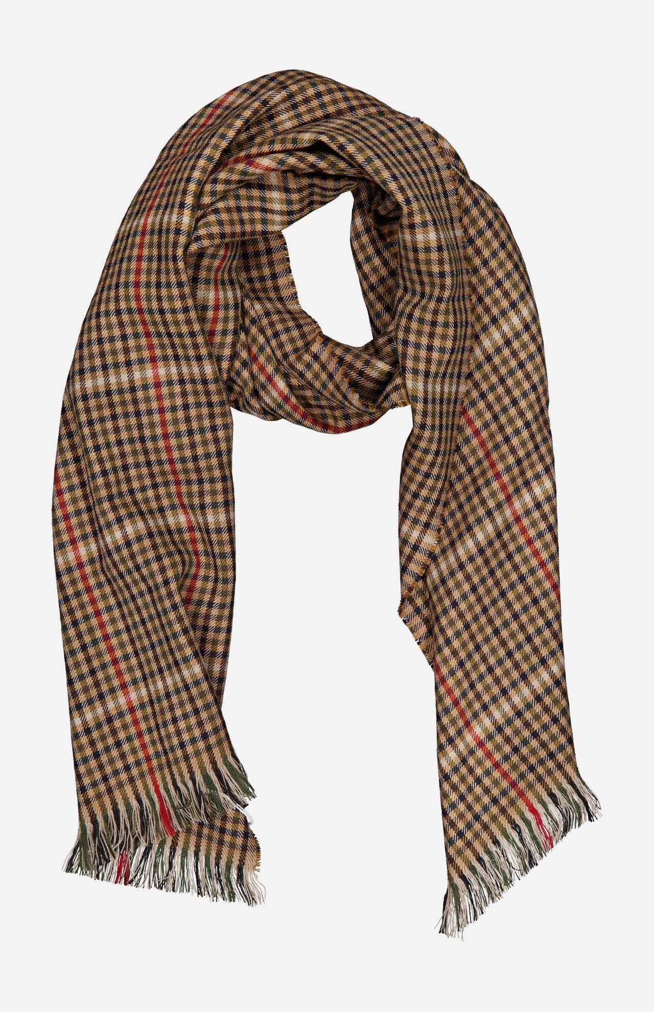 The Washed Kildonan Bryce Scarf by BEGG & CO is crafted in Scotland from soft wool and features a classic checkered pattern in brown, black, and tan with bold red stripes. Fringed ends complete the design, and the scarf is displayed against a white background.