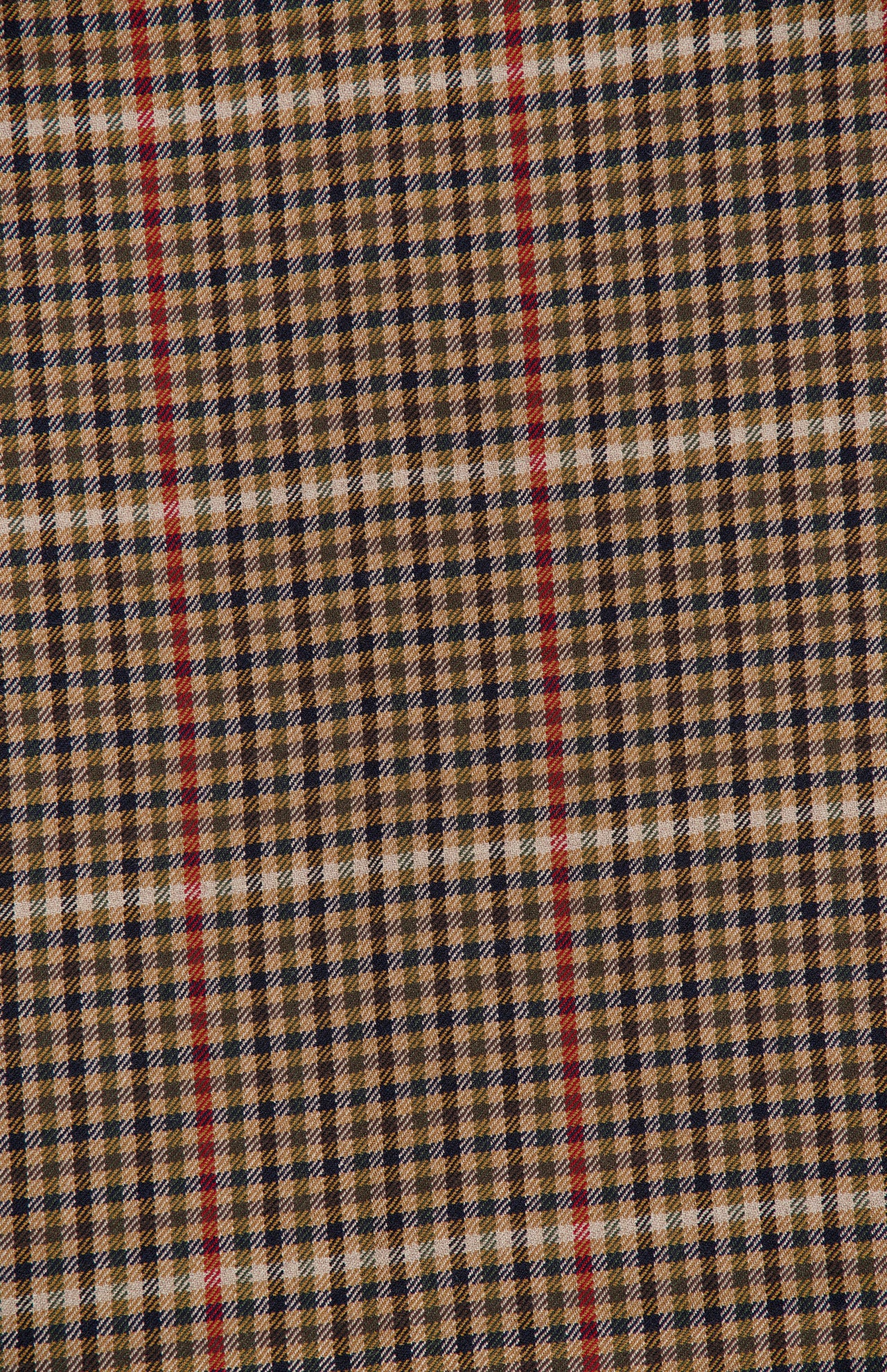 A close-up of the Washed Kildonan Bryce Scarf by BEGG & CO, showcasing its checkered pattern with black and white checks accented by thin red vertical stripes on a tan background—embodying the timeless elegance of a cashmere scarf expertly crafted in Scotland.