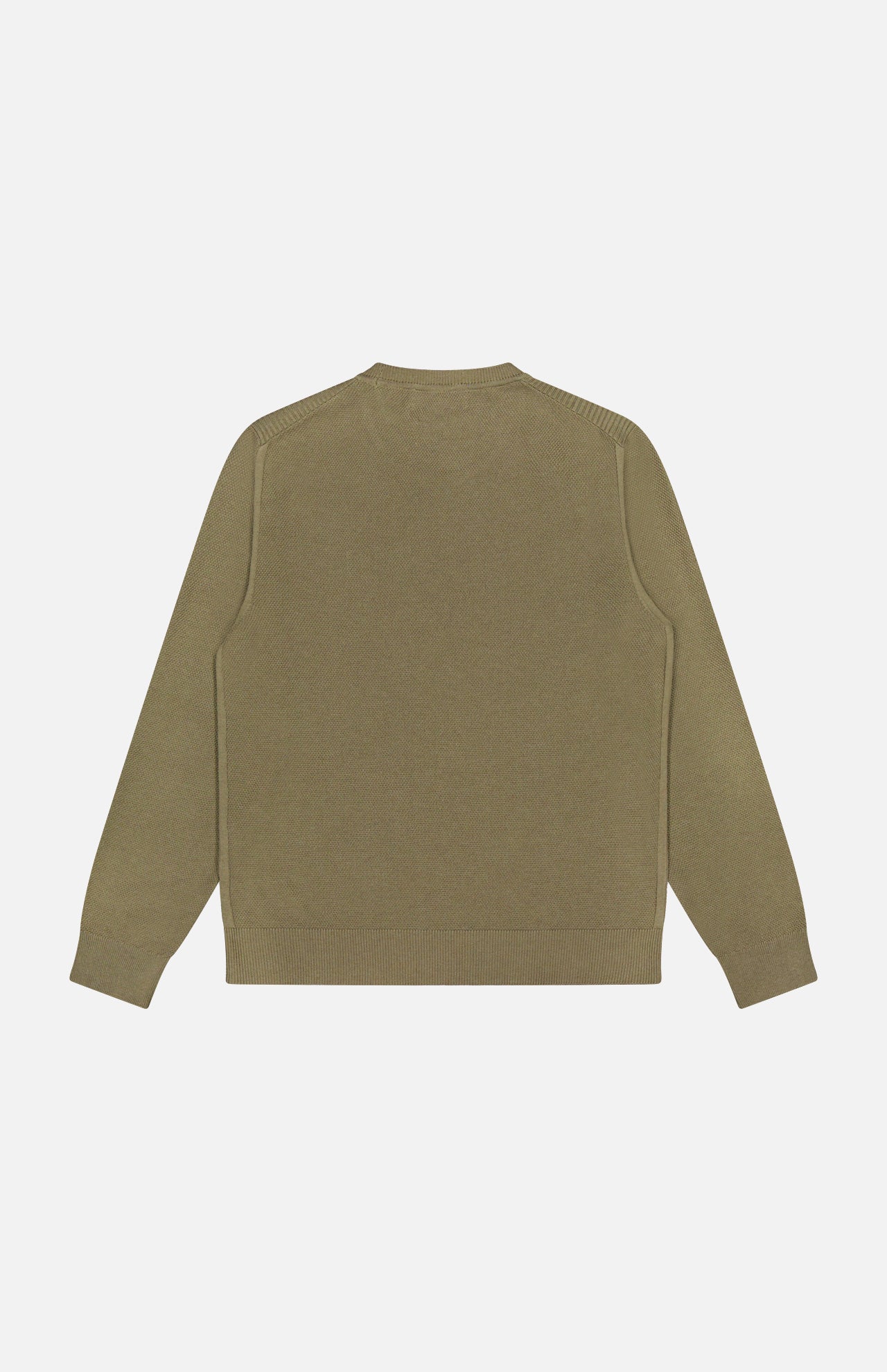 The Coast Knitted Sweater by BELSTAFF is an olive green, long-sleeve piece with ribbed cuffs and hem, crafted in a lightweight waffle knit. Shown from the back on a plain white background, it features a simple design.