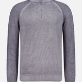 The BELSTAFF Garment Dye Aspect Quarter Zip Sweater is a light gray wool sweater featuring a knitted design, long ribbed sleeves, and responsibly-sourced materials, showcased against a plain white background.