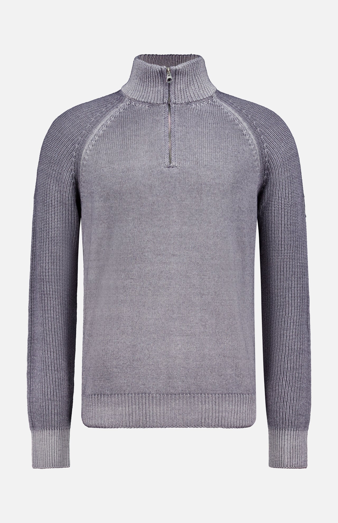 The BELSTAFF Garment Dye Aspect Quarter Zip Sweater is a light gray wool sweater featuring a knitted design, long ribbed sleeves, and responsibly-sourced materials, showcased against a plain white background.