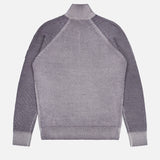 A back view of the BELSTAFF Garment Dye Aspect Quarter Zip Sweater, a long-sleeve, light gray knit wool piece featuring ribbed cuffs, hem, and collar, crafted from responsibly-sourced wool and displayed against a white background.