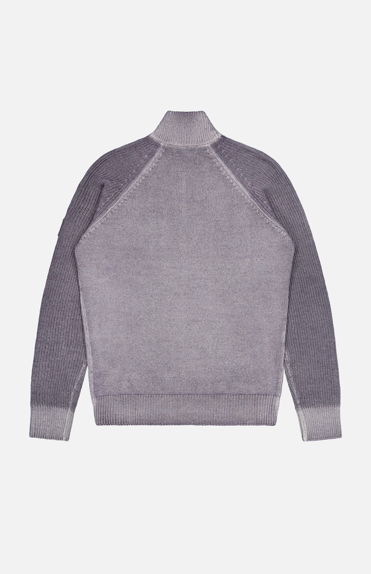 A back view of the BELSTAFF Garment Dye Aspect Quarter Zip Sweater, a long-sleeve, light gray knit wool piece featuring ribbed cuffs, hem, and collar, crafted from responsibly-sourced wool and displayed against a white background.