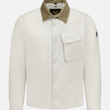 The BELSTAFF Water Repellent Ground Jacket is a lightweight white spring jacket with a tan corduroy collar, snap button front, left chest flap pocket, and a small patch on the upper left sleeve.