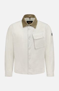 The BELSTAFF Water Repellent Ground Jacket is a lightweight white spring jacket with a tan corduroy collar, snap button front, left chest flap pocket, and a small patch on the upper left sleeve.