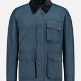 The BELSTAFF Incline Field Jacket, shown against a plain white background, features blue waxed cotton construction with a black corduroy collar, front button closure, three front flap pockets, and long sleeves. Designed for both style and function, this water- and wind-repellent jacket delivers classic appeal while providing dependable protection from the elements.