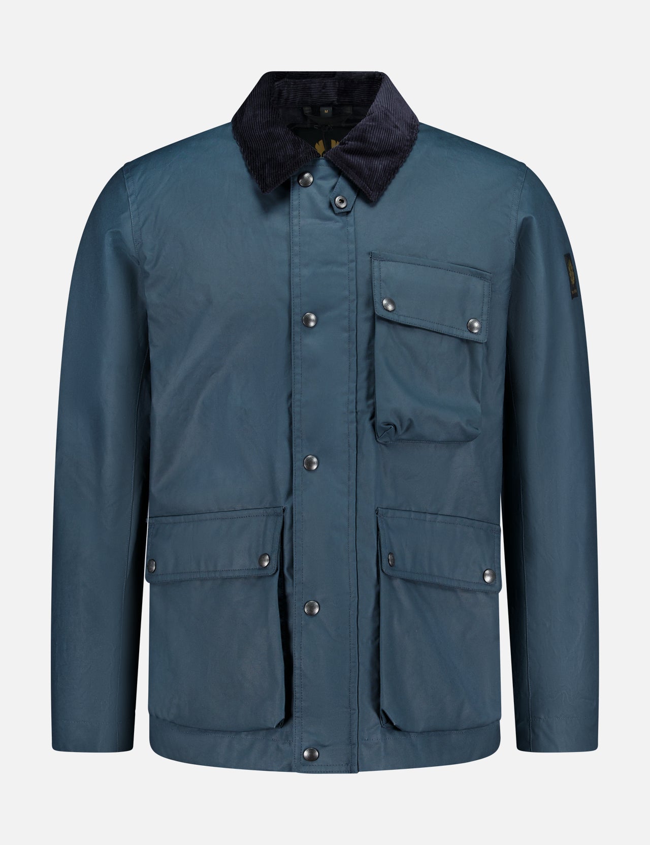 The BELSTAFF Incline Field Jacket, shown against a plain white background, features blue waxed cotton construction with a black corduroy collar, front button closure, three front flap pockets, and long sleeves. Designed for both style and function, this water- and wind-repellent jacket delivers classic appeal while providing dependable protection from the elements.