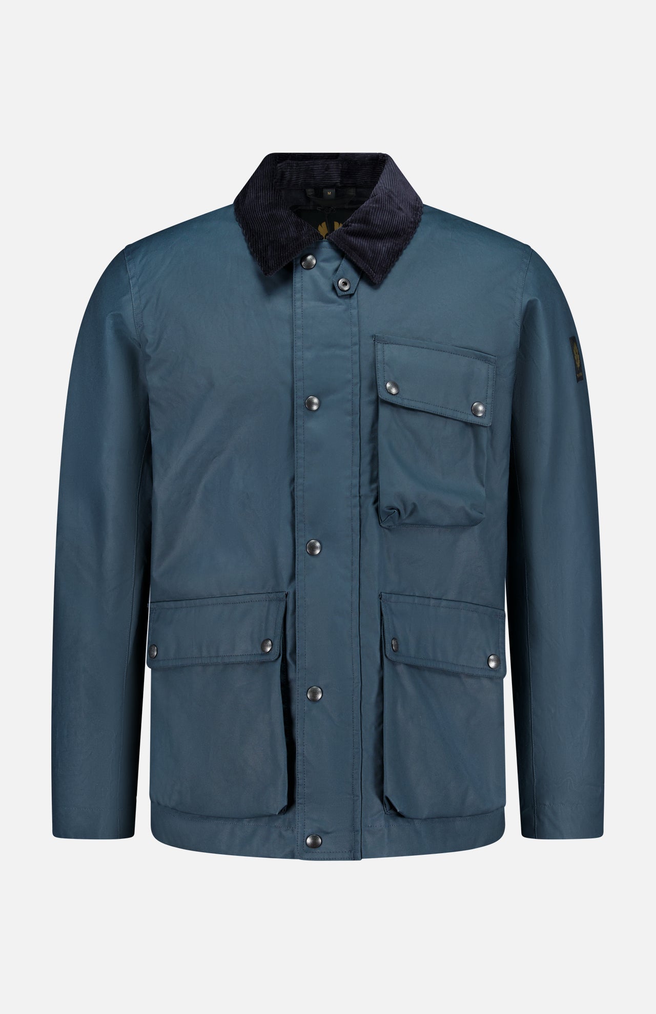 The BELSTAFF Incline Field Jacket, shown against a plain white background, features blue waxed cotton construction with a black corduroy collar, front button closure, three front flap pockets, and long sleeves. Designed for both style and function, this water- and wind-repellent jacket delivers classic appeal while providing dependable protection from the elements.