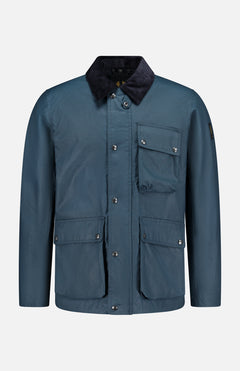 The BELSTAFF Incline Field Jacket, shown against a plain white background, features blue waxed cotton construction with a black corduroy collar, front button closure, three front flap pockets, and long sleeves. Designed for both style and function, this water- and wind-repellent jacket delivers classic appeal while providing dependable protection from the elements.