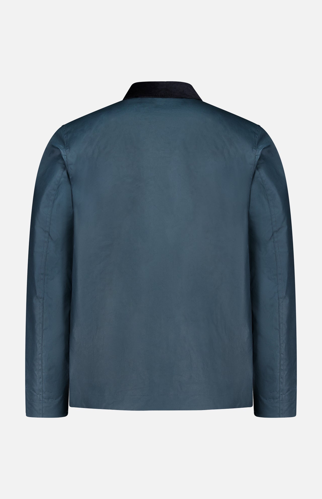 Back view of the BELSTAFF Incline Field Jacket in blue waxed cotton with long sleeves and a black collar, displayed against a plain white background. This water- and wind-repellent jacket pairs classic BELSTAFF style with practical protection from the elements.