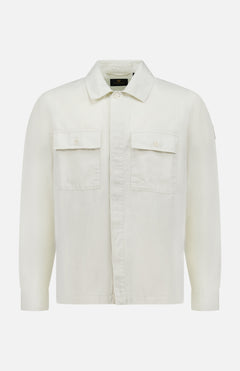 The BELSTAFF Maritime Garment-dyed Overshirt is a versatile men's staple—an off-white, long-sleeve cotton button-up with two chest pockets and a collar, shown on a white background.