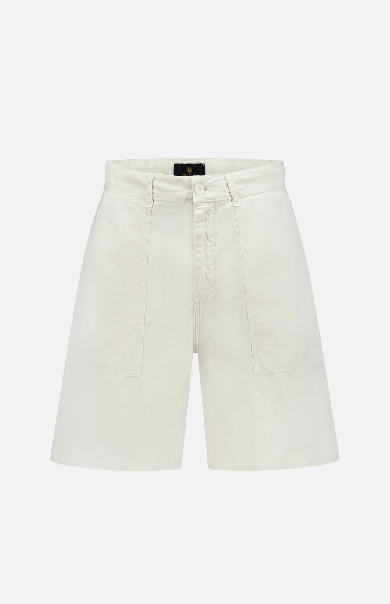 The BELSTAFF Maritime Drawstring Short is a high-waisted, white cotton-linen denim short with front patch pockets and a button-zip closure, shown on a plain white background—perfect for any casual outfit.